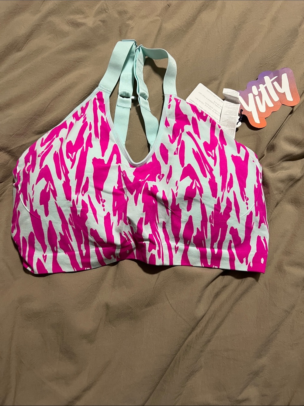 YITTY Pink & Mint Abstract Racerback Sports Bra